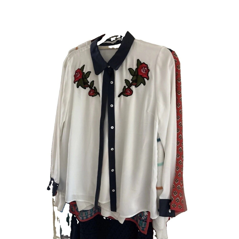 English Factory Button Down White W/ Roses Size Medium